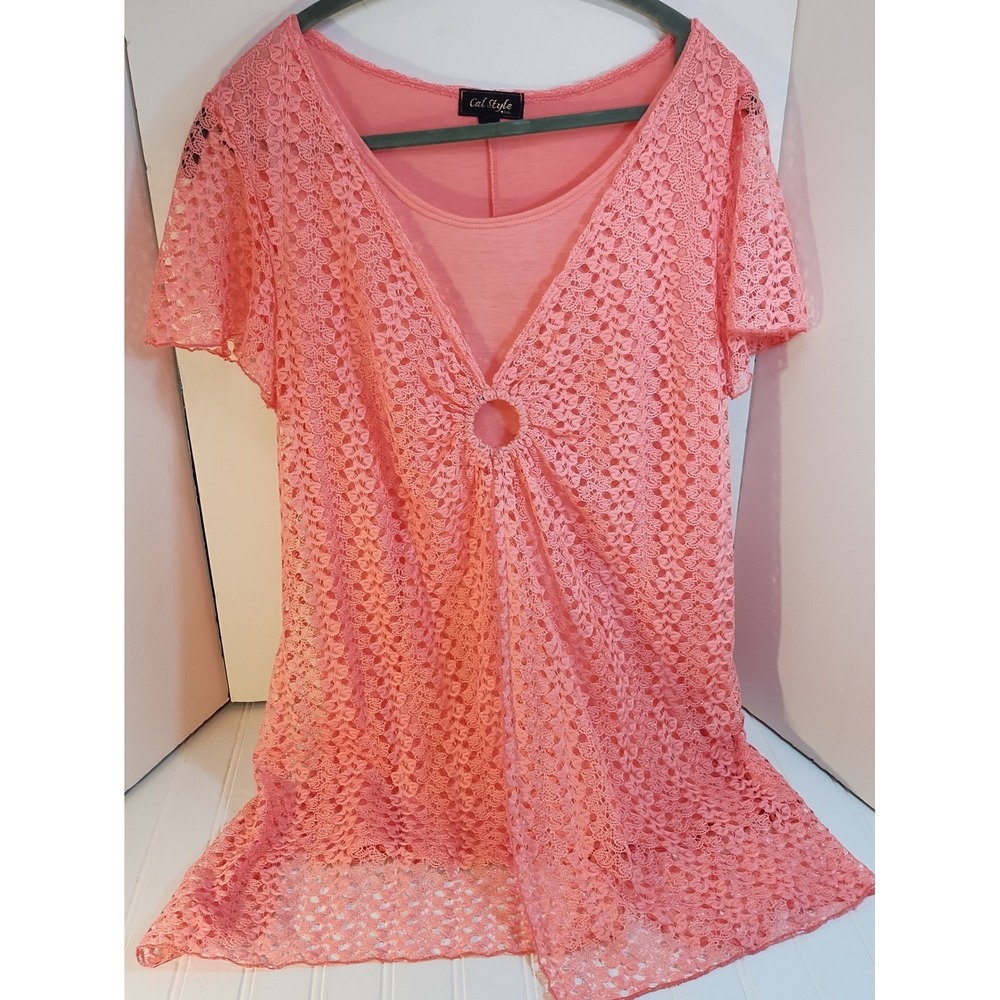 VTG Cal Style USA Pink Lace O-Ring Short Sleeve Top LG Crochet Romantic BOHO